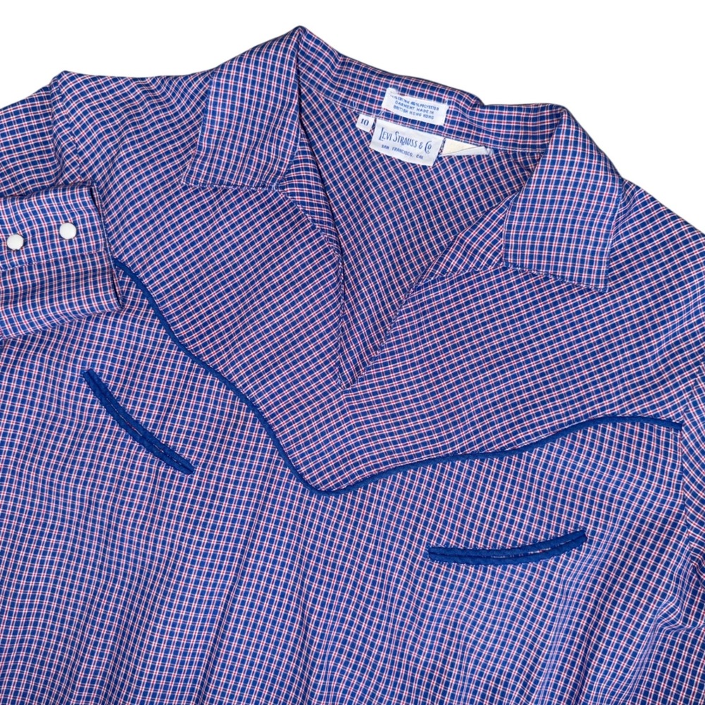 VTG Levi Strauss Co 70s Western Plaid Cuff‎ Snap Shirt Women Size 10 Blue Rodeo